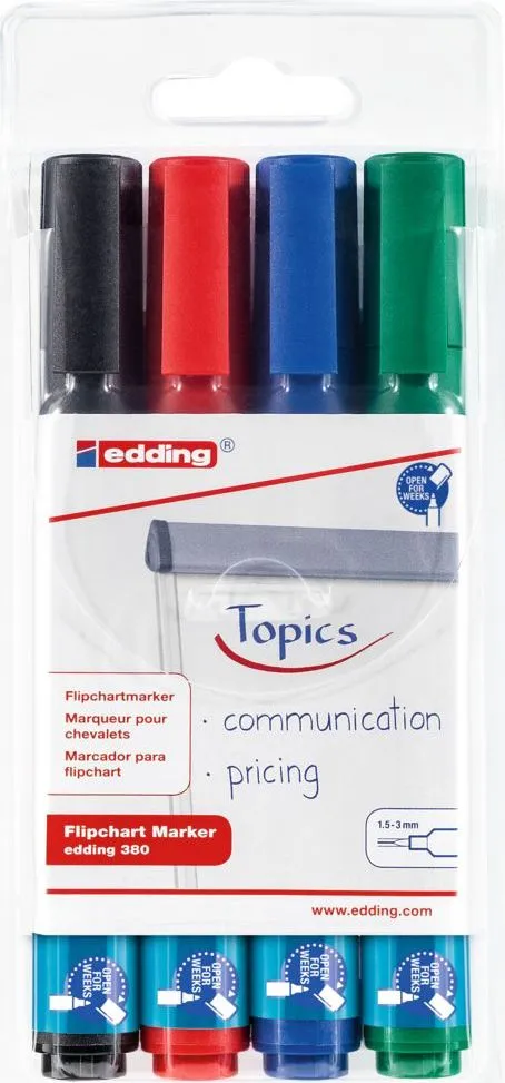Marker Edding 380 pentru flipchart, varf rotund, 1.5-3 mm, 4 culori/set (negru, albastru, rosu, verde)