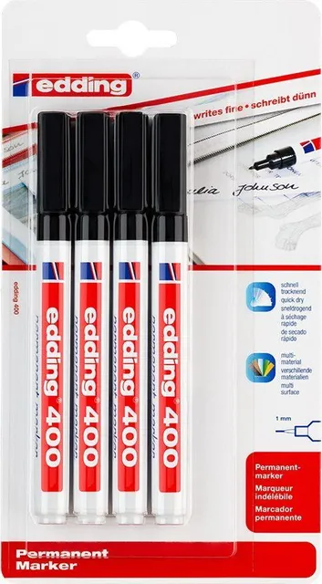 Marker permanent Edding 400, varf rotund 1 mm, negru, 4 bucati/blister