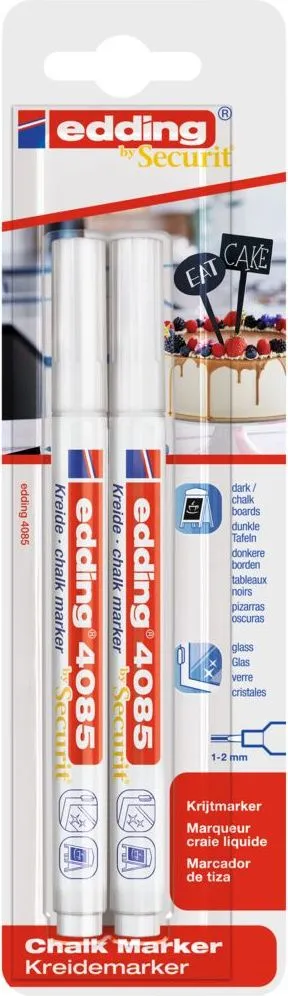 Marker Edding 4085, cu creta lichida, varf rotund 1-2 mm, alb, 2 bucati/blister