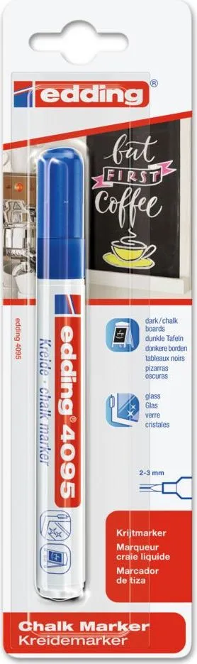 Marker Edding 4095 cu creta lichida, varf 2-3 mm, albastru, blister
