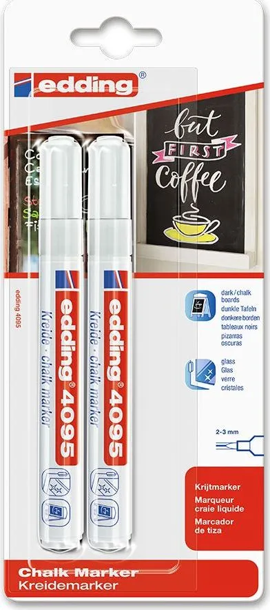 Marker Edding 4095 cu creta lichida, varf 2-3 mm, alb, 2 bucati/blister