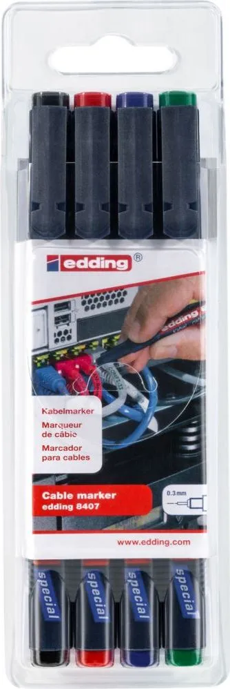 Marker Edding 8407 pentru cabluri vf 0.3mm 4 bucati/set, rezistent, marcare extrafina, cerneala permanenta