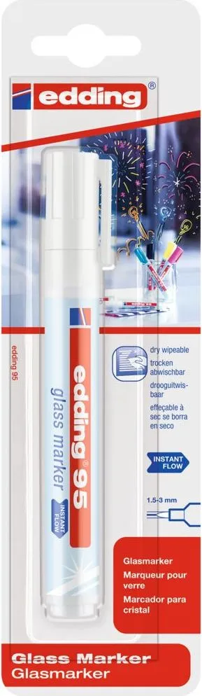 Marker pentru sticla Edding 95, varf rotund, 1.5-3 mm, alb, blister