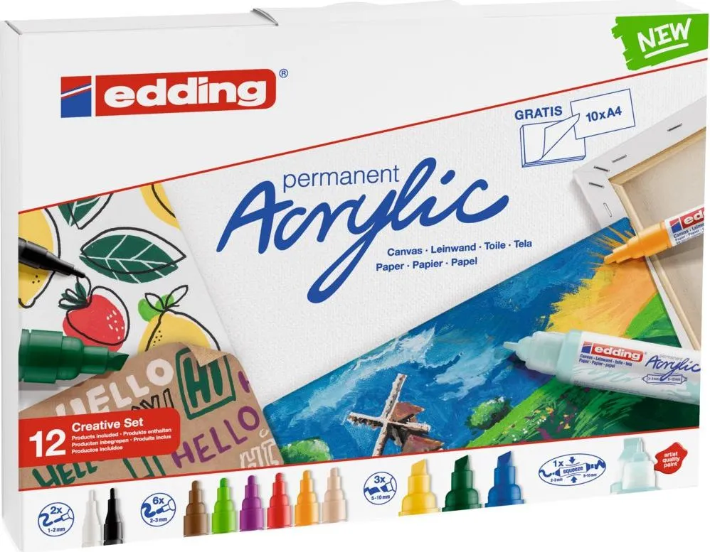 Set markere acrilice Edding, 12 bucati, varf fin, mediu si lat, culori opace si semi-opace