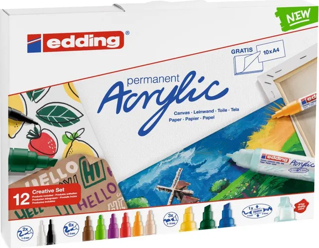 Set markere acrilice Edding, 12 bucati, varf fin, mediu si lat, culori opace si semi-opace