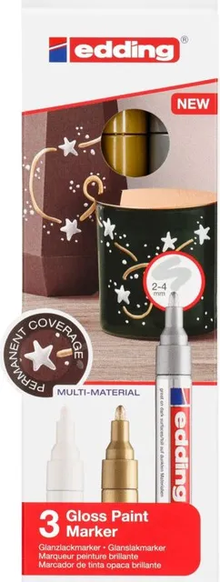 Marker cu vopsea edding 750, corp metalic, varf rotund, 2-4 mm, set 3 culori, alb, auriu, argintiu