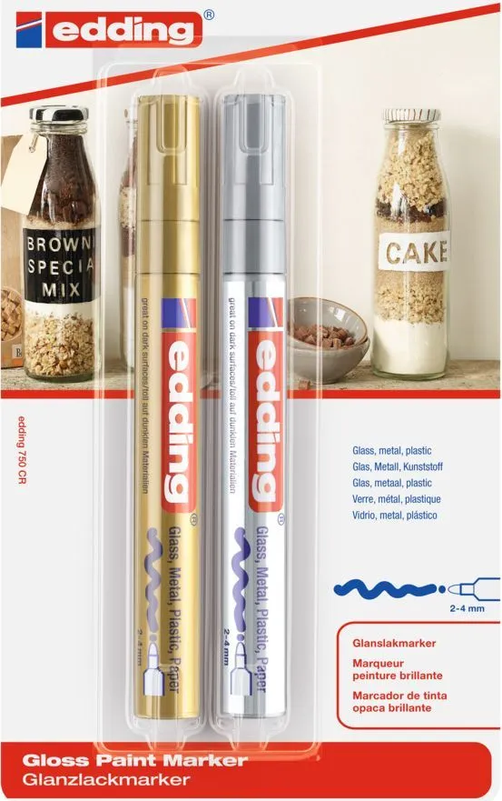 Marker vopsea Edding 750, corp metalic, varf rotund 2-4 mm, set 2 culori auriu si argintiu