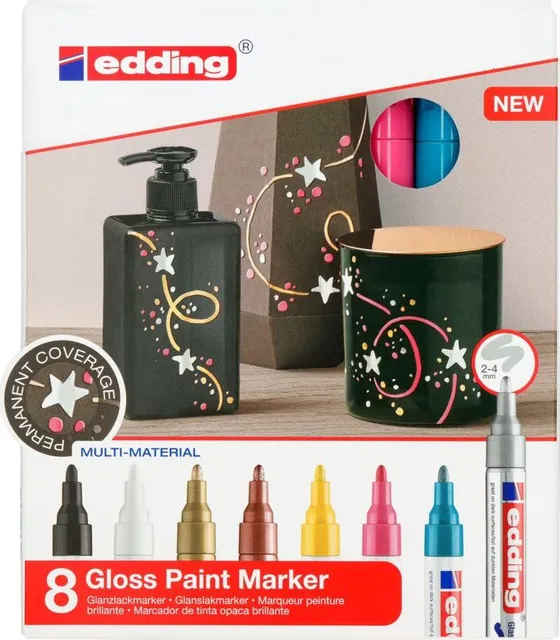 Set markere cu vopsea edding 750, corp metalic, varf rotund, 2-4 mm, 8 bucati, negru, galben, roz
