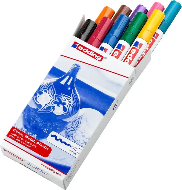 Marker edding 750 cu vopsea, corp metalic, varf rotund, 2-4 mm, set 10 culori: negru, rosu, albastru, verde