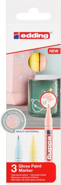 Marker cu vopsea edding 751, corp metalic, varf rotund, 1-2 mm, set 3 culori pastel - galben, roz, albastru
