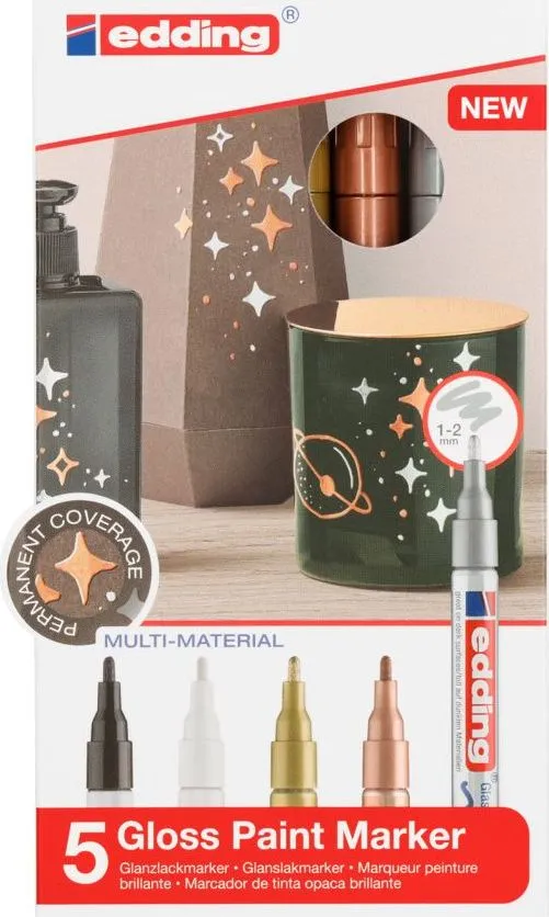 Marker cu vopsea edding 751, corp metalic, varf rotund, 1-2 mm, set 5 culori metalice: negru, alb, auriu