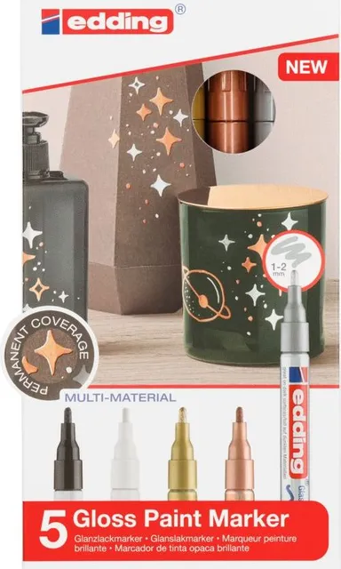 Marker cu vopsea edding 751, corp metalic, varf rotund, 1-2 mm, set 5 culori metalice: negru, alb, auriu