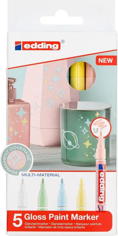 Marker cu vopsea edding 751, corp metalic, varf rotund, 1-2 mm, set 5 culori pastel: alb, galben, verde, roz