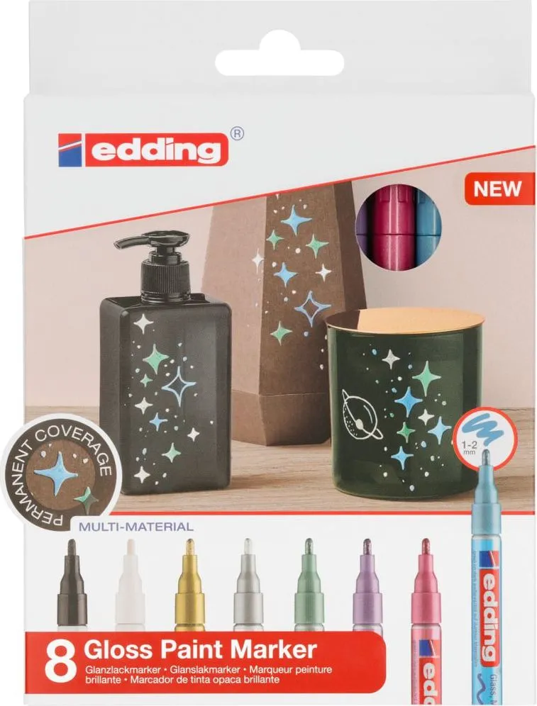 Marker edding 751 cu vopsea, corp metalic, varf rotund, 1-2 mm, set 8 culori: negru, alb, auriu, argintiu