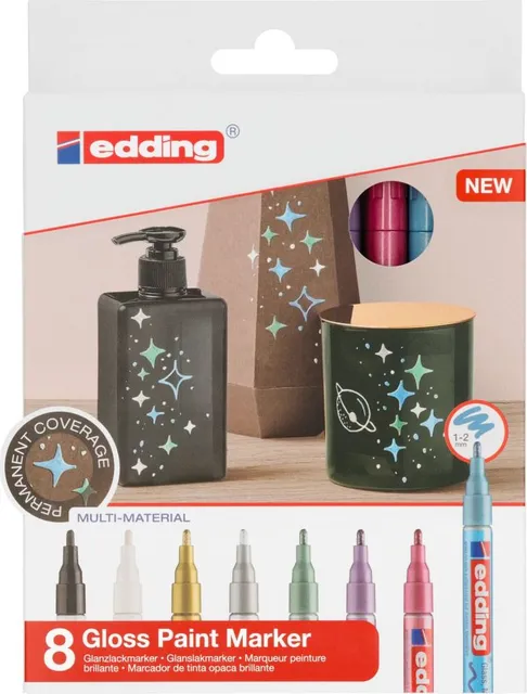 Marker edding 751 cu vopsea, corp metalic, varf rotund, 1-2 mm, set 8 culori: negru, alb, auriu, argintiu