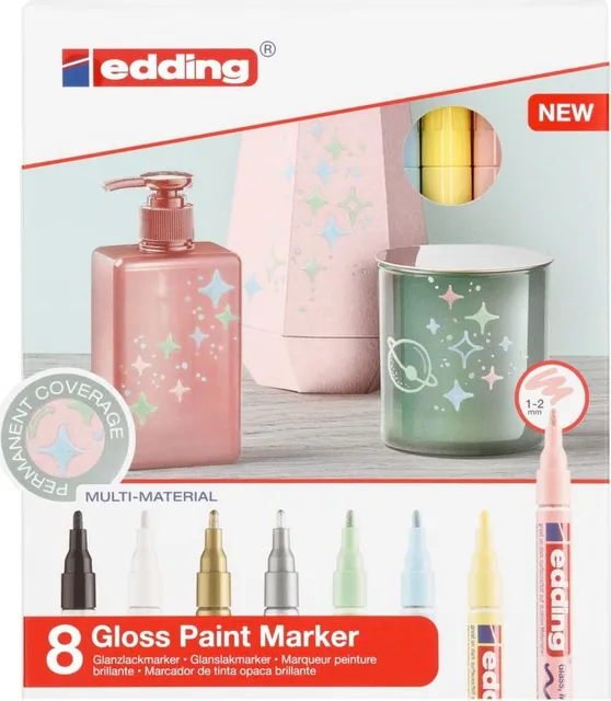 Set markere cu vopsea edding 751 Pastel, corp metalic, varf rotund, 1-2 mm, 8 culori: negru, alb, auriu