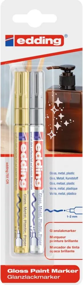 Marker cu vopsea Edding 751, corp metalic, varf rotund 1-2 mm, pachet 2 bucati auriu/argintiu