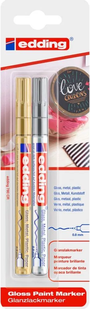 Marker cu vopsea Edding 780, corp metalic, varf extra-fin 0.8 mm, auriu si argintiu, set 2 bucati