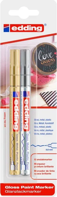 Marker cu vopsea Edding 780, corp metalic, varf extra-fin 0.8 mm, auriu si argintiu, set 2 bucati