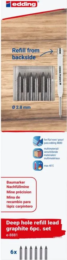 Rezerve creion mecanic Edding 8881 pentru Edding 8880, set 6 mine, 2.8 mm, grafit, blister