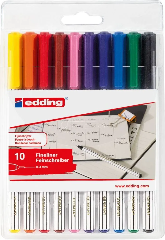 Liner edding 89, corp plastic, varf rotund, 0.3 mm, set 10 culori: negru, rosu, albastru, verde, galben