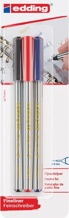 Liner Edding Office 89, varf fetru, 0.3 mm, 3 culori/set (negru, rosu, albastru)