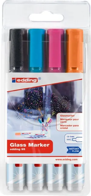 Marker pentru sticla Edding 95, set 4 culori asortate, varf rotund 1.5-3 mm, usor de sters