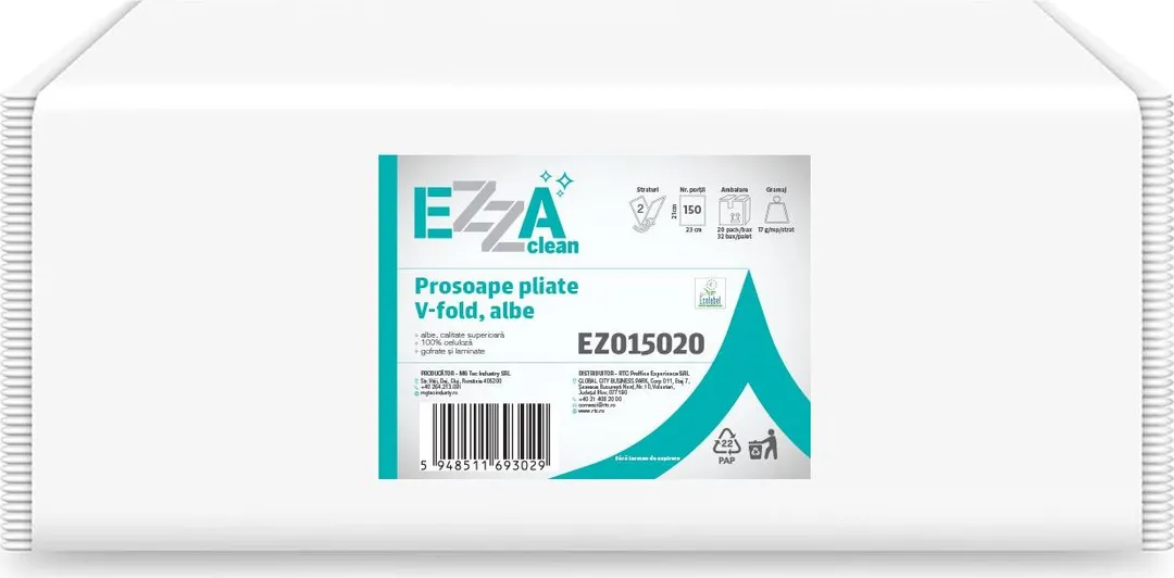 Prosoape V pliate EZZA Clean, albe, 2 straturi, 23 x 21cm, 150 bucati/pachet, 20 pachete/bax