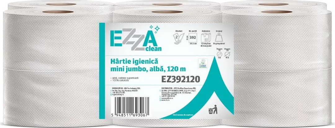 Hartie igienica mini jumbo EZZA Clean, alba, 2 straturi, 120 m, 12 role/bax