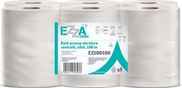Rola prosop derulare centrala EZZA Clean, alba, 2 straturi, 500 portii, 100 m, 6 role/bax
