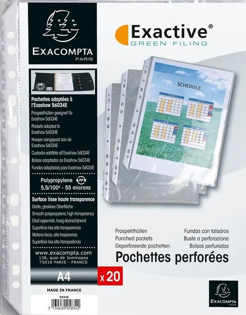 File protectie Exacompta Exactive, PP, cristal, portrait, A4, 55 microni, 20 bucati/set