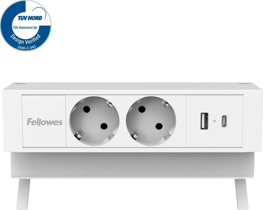 Priza birou fara gaurire blat Fellowes Desk Up 2x230V USB A+C, alb