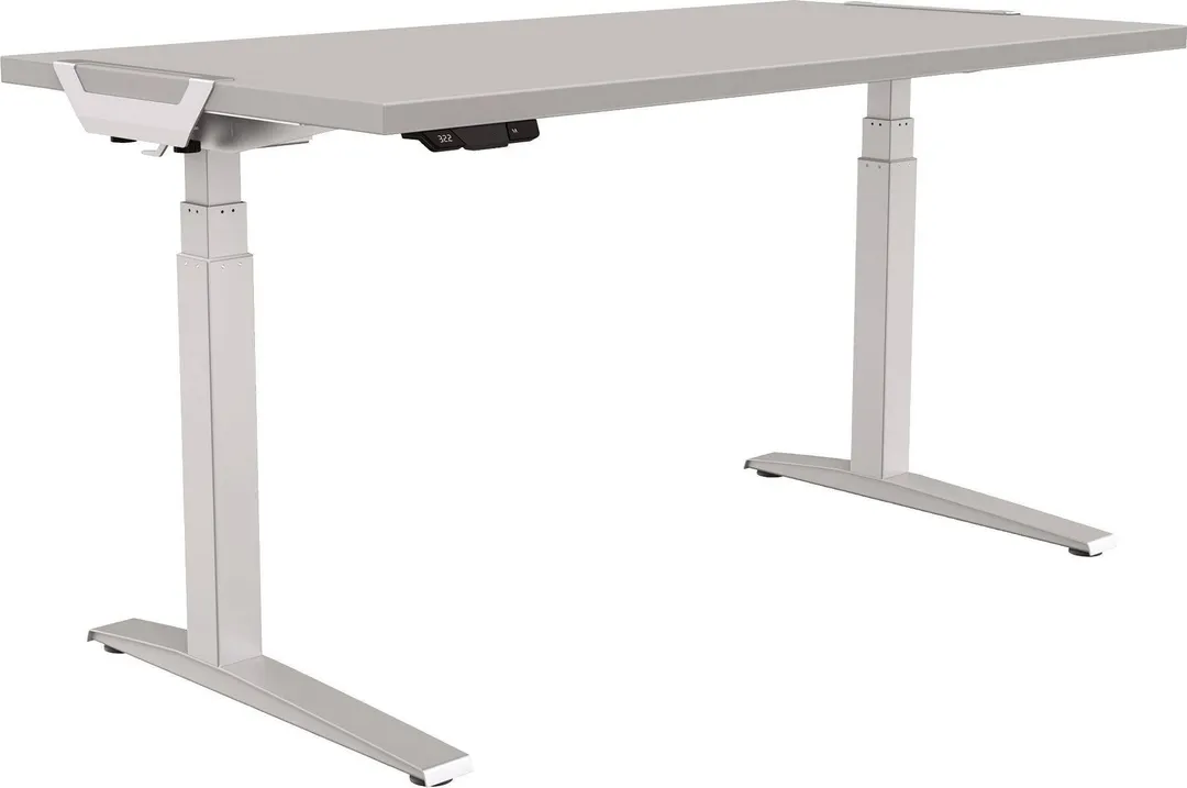 Birou reglabil pe inaltime Fellowes Levado, ergonomic, 4 setari, cadru metalic, blat gri 140 x 80 cm