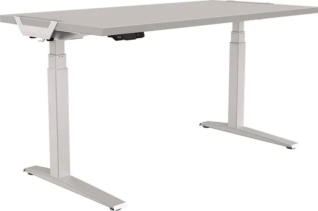 Birou reglabil pe inaltime Fellowes Levado, ergonomic, 4 setari, cadru metalic, blat gri 140 x 80 cm