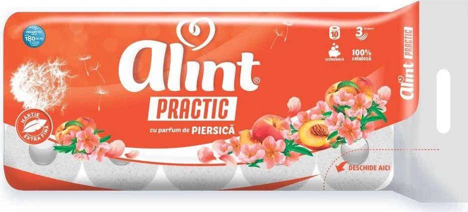 Hartie igienica Alint Practic parfum Piersica, 3 straturi, 9x12 cm, 120 portii, 10 m, 10 role/set