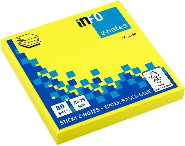 Notite adezive InFO Z-notes, 75x75 mm, galben neon, 80 file/set