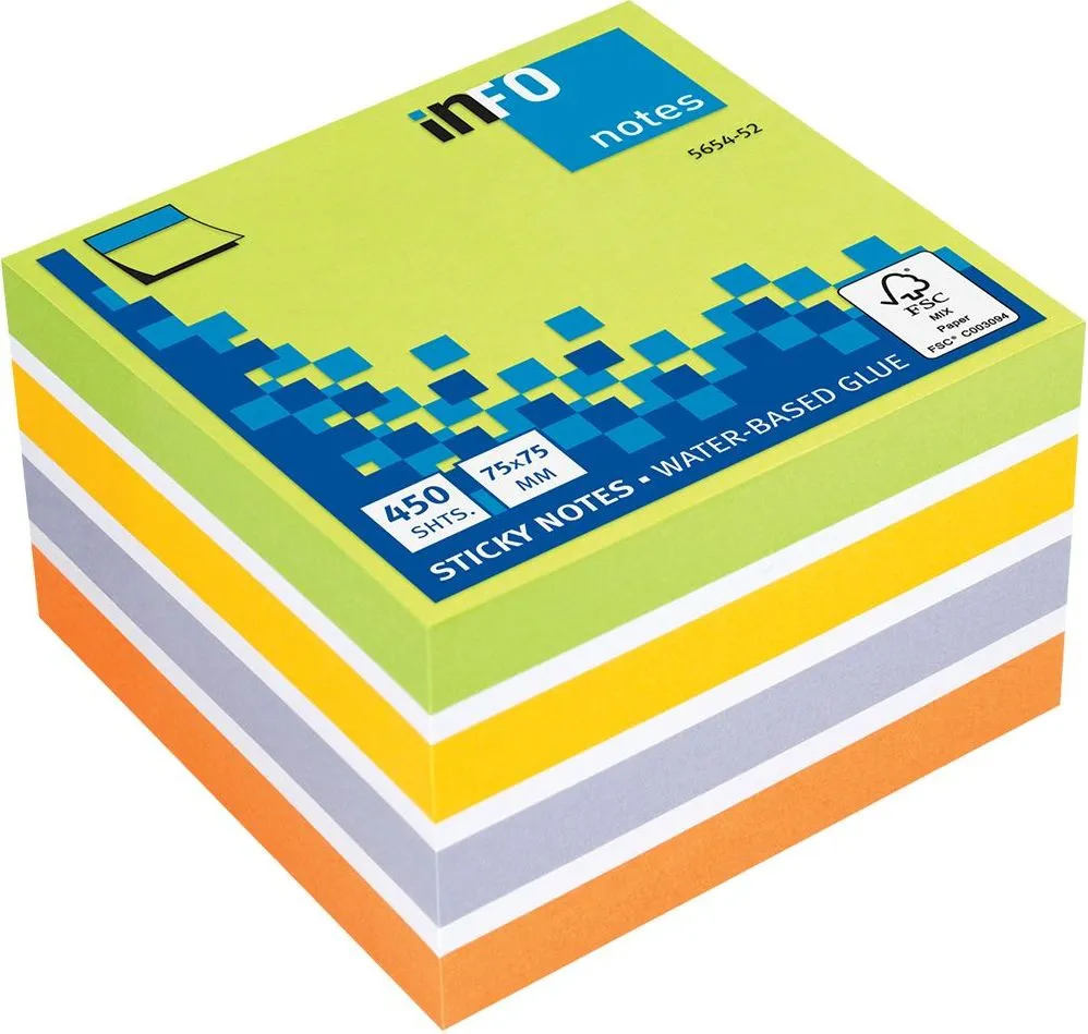 Notite adezive InFO, 75x75 mm, verde/alb/portocaliu/galben/violet (IN565452buc)