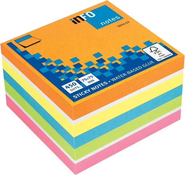 Notite adezive InFO, 75x75 mm, verde/alb/portocaliu/galben/violet (IN565453buc)