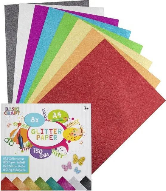 Set 8 coli carton glitter Basic Craft, 170g, diverse culori