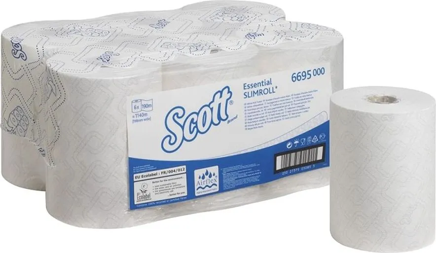 Rezerva prosoape in rola Kimberly-Clark Scott Slim, alb, 190 m/rola, 6 role/bax