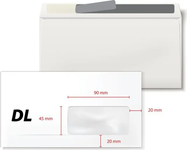 Plic DL, 110 x 220 mm, fereastra dreapta 35 x 90 mm, alb, banda silicon, 80 g/mp, 100 bucati/set