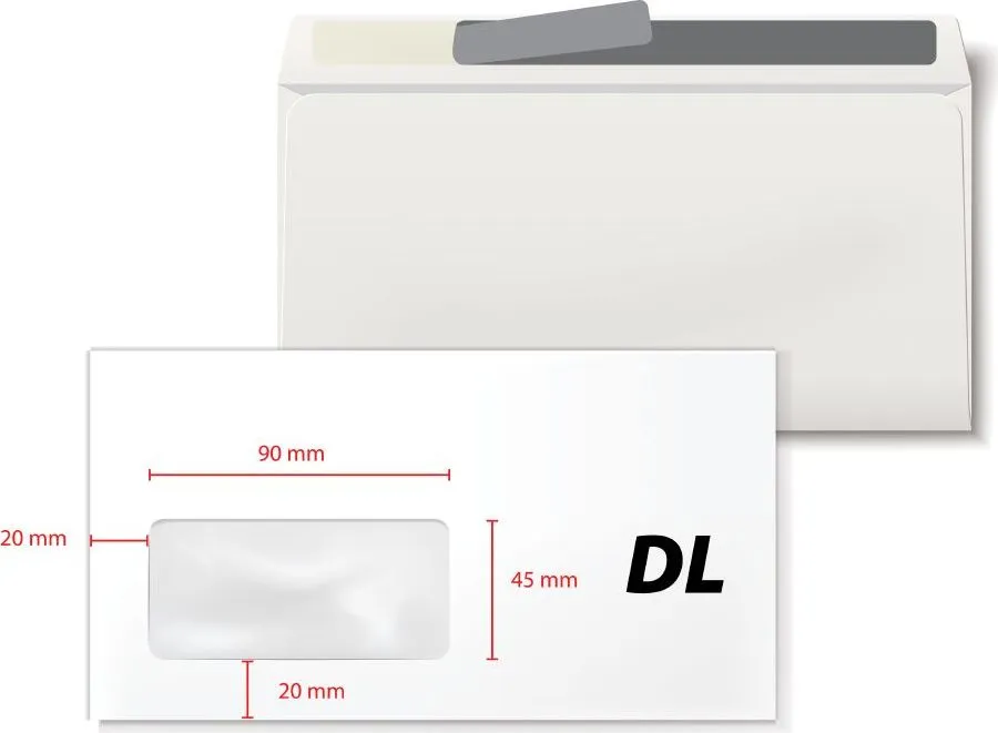Plic DL, 110 x 220 mm, fereastra stanga 45 x 90 mm, alb, autoadeziv, 80 g/mp, 1000 bucati/cutie
