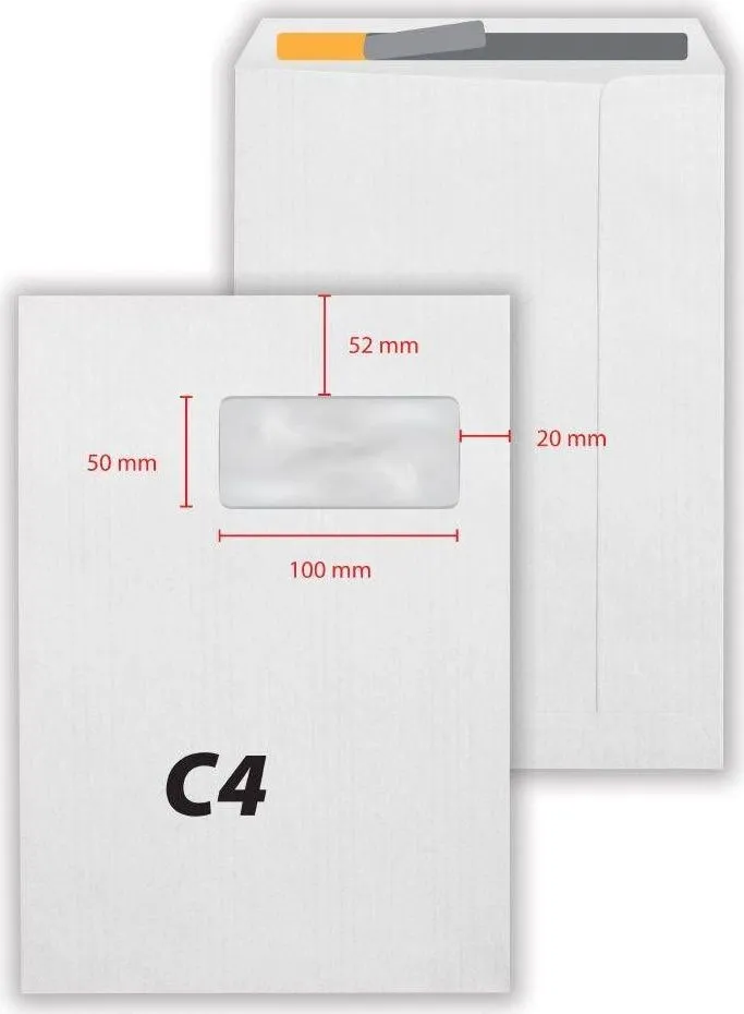 Plic C4, 229 x 324 mm, fereastra dreapta 50 x 100 mm, alb, banda silicon, 80 g/mp, 250 bucati/cutie