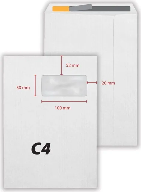 Plic C4, 229 x 324 mm, fereastra dreapta 50 x 100 mm, alb, banda silicon, 80 g/mp, 250 bucati/cutie