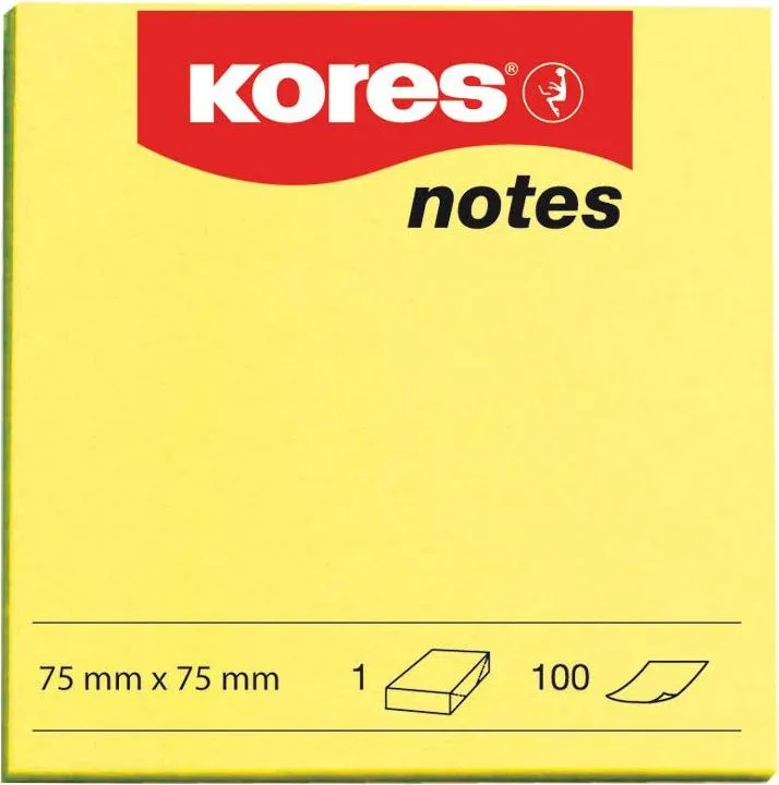 Notite adezive, Kores, 75 x 75 mm, galben neon, 100 file