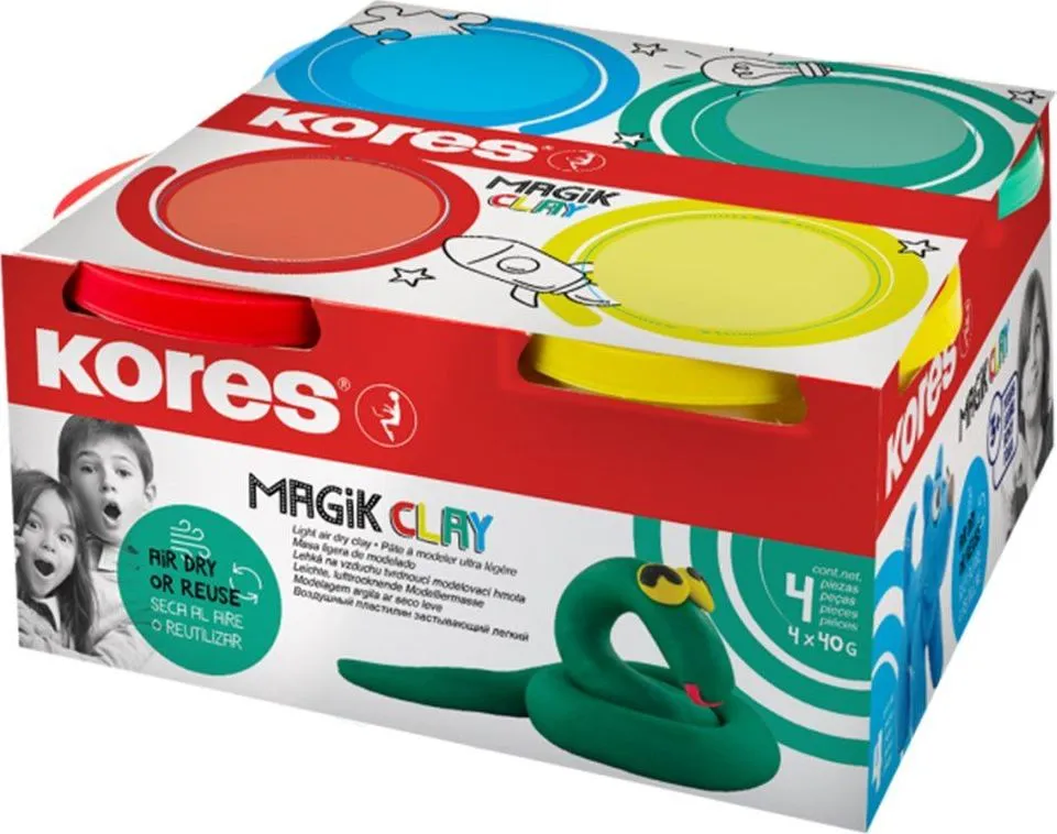 Plastilina Kores Magic Clay, 40 g/culoare, 4 culori basic/set