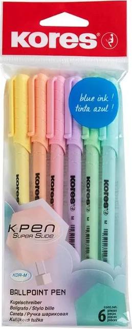Set 6 pixuri fara mecanism Kores Korm, varf 1 mm, corp pastel, scriere albastra