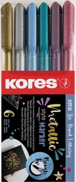 Set 6 markere permanente metalice Kores, varf tip pensula, in blister