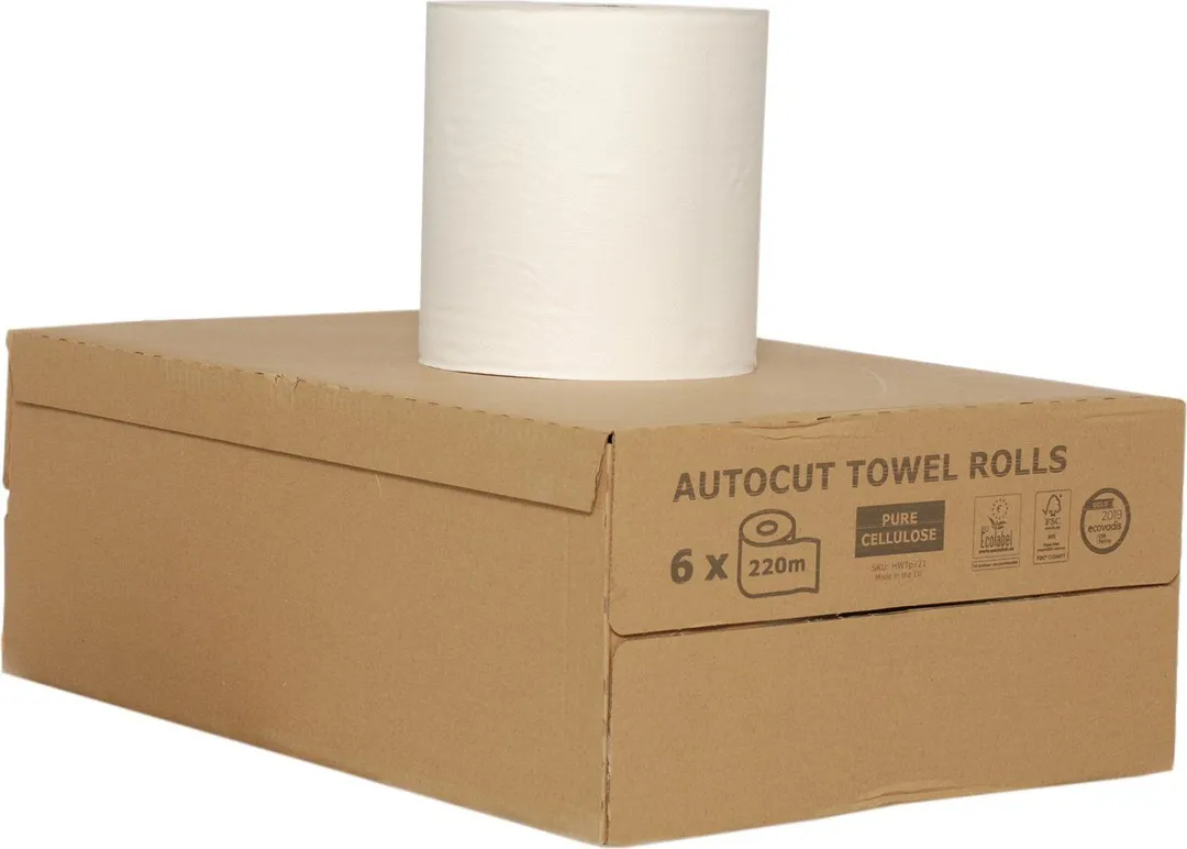Rola prosop autocut, 20.3 cm x 220 m, 1 strat, alba, 6 role/bax