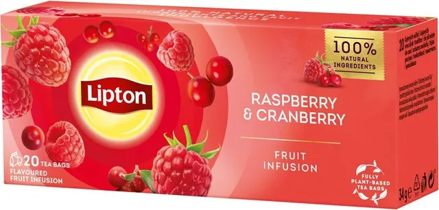 Ceai negru Lipton, zmeura si merisoare, 20 plicuri/cutie